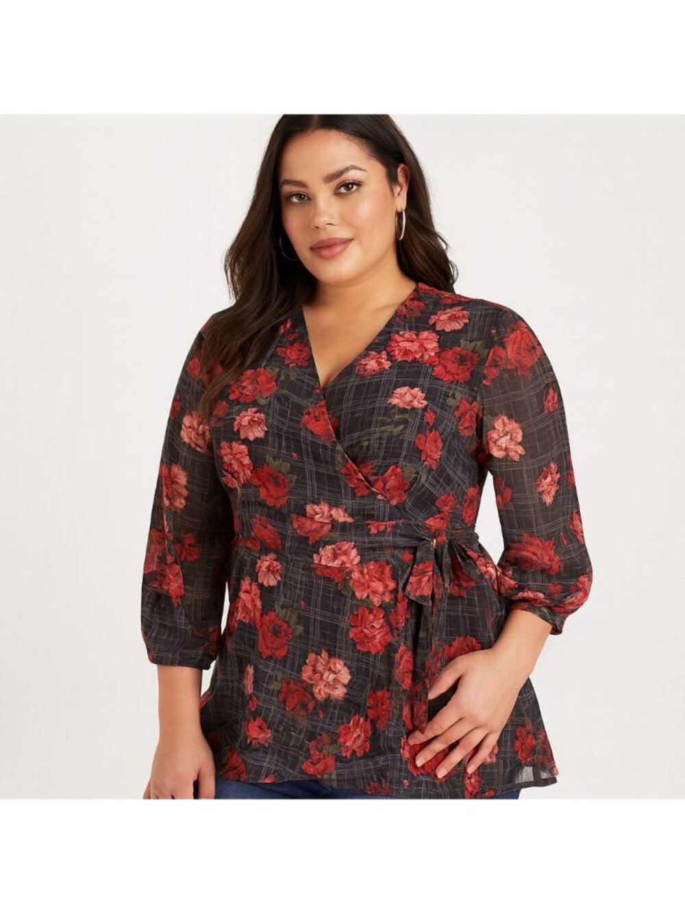 Torrid Womens Georgette Wrap Tunic Blouse Red Black Floral Size 00 | M | 10